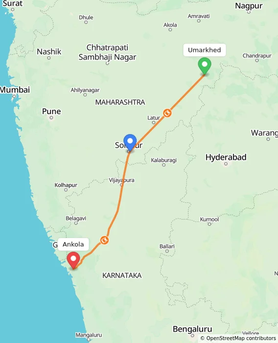 Route map showing distance and travel time from Umarkhed, India to Ankola, India