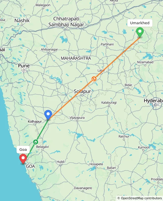 Route map showing distance and travel time from Umarkhed, India to Goa, India