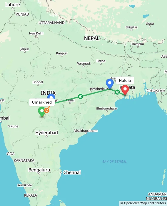 Route map showing distance and travel time from Umarkhed, India to Haldia, India