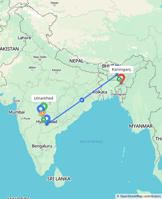 Route map showing distance and travel time from Umarkhed, India to Karimganj, India