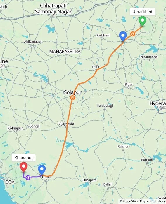 Route map showing distance and travel time from Umarkhed, India to Khanapur, India