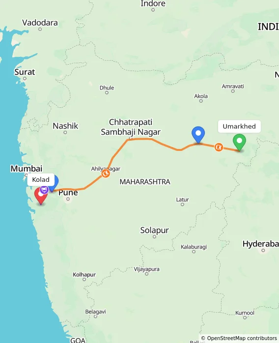 Route map showing distance and travel time from Umarkhed, India to Kolad, India