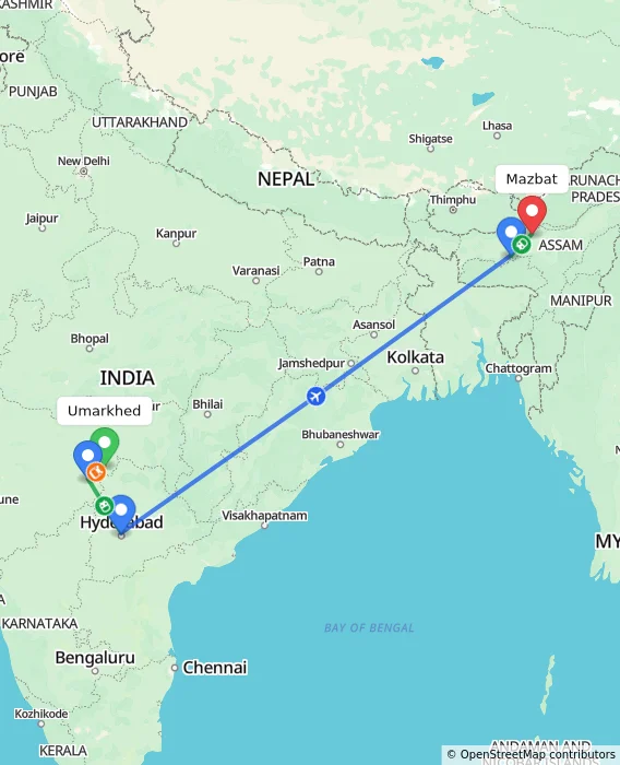 Route map showing distance and travel time from Umarkhed, India to Mazbat, India