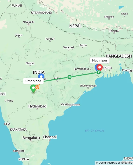 Route map showing distance and travel time from Umarkhed, India to Medinipur, India