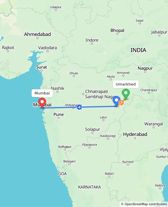Route map showing distance and travel time from Umarkhed, India to Mumbai, India