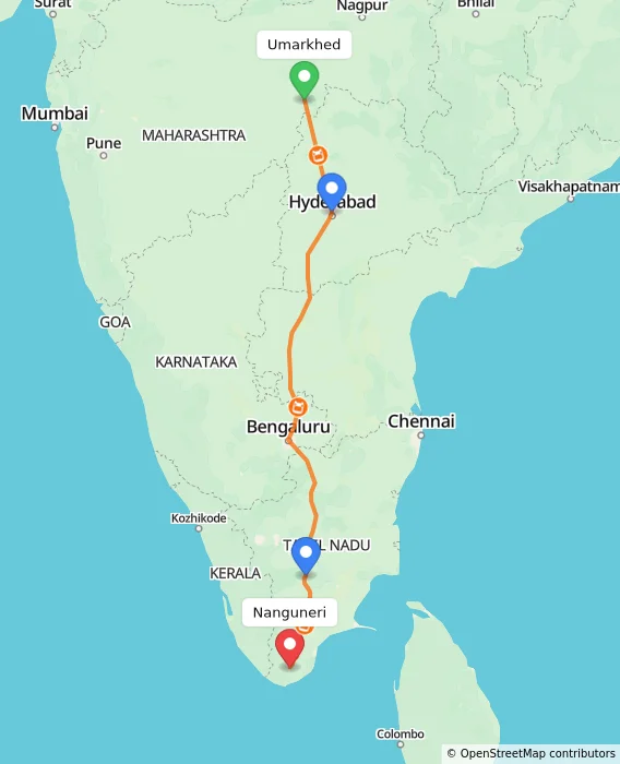 Route map showing distance and travel time from Umarkhed, India to Nanguneri, India