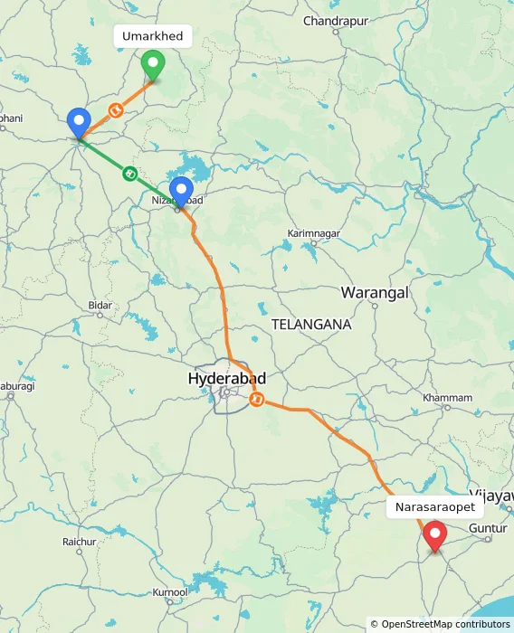 Route map showing distance and travel time from Umarkhed, India to Narasaraopet, India