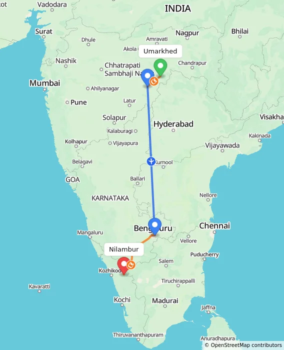 Route map showing distance and travel time from Umarkhed, India to Nilambur, India