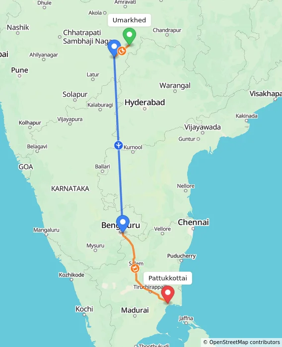 Route map showing distance and travel time from Umarkhed, India to Pattukkottai, India