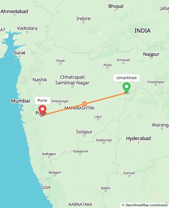 Route map showing distance and travel time from Umarkhed, India to Pune, India