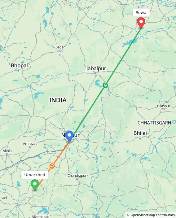 Route map showing distance and travel time from Umarkhed, India to Rewa, India