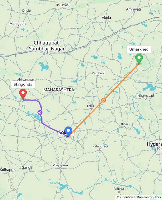 Route map showing distance and travel time from Umarkhed, India to Shrigonda, India