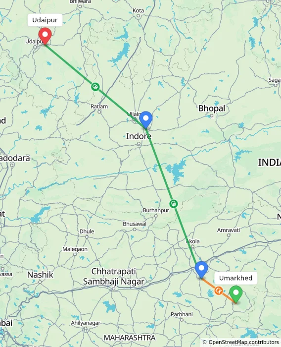 Route map showing distance and travel time from Umarkhed, India to Udaipur, India