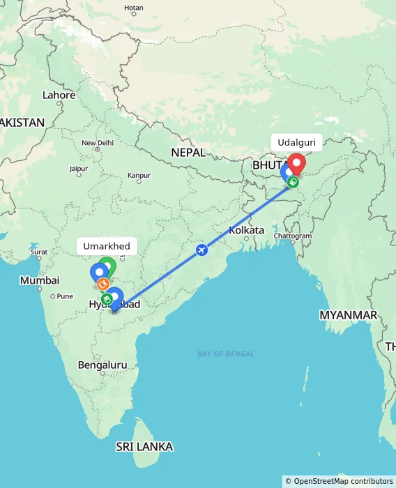 Route map showing distance and travel time from Umarkhed, India to Udalguri, India