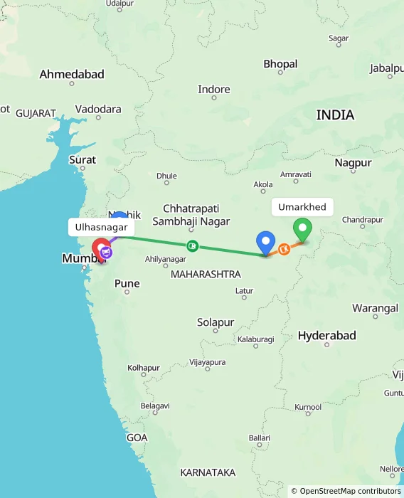 Route map showing distance and travel time from Umarkhed, India to Ulhasnagar, India