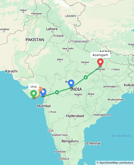 Route map showing distance and travel time from Una, India to Azamgarh, India