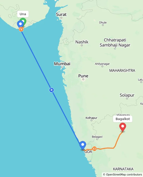 Route map showing distance and travel time from Una, India to Bagalkot, India