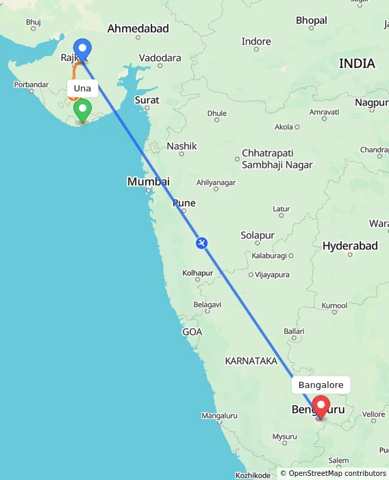 Route map showing distance and travel time from Una, India to Bangalore, India