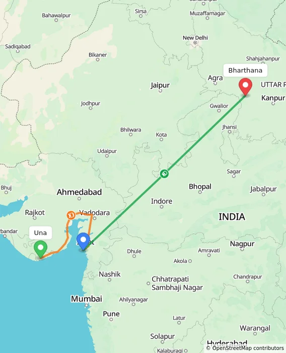 Route map showing distance and travel time from Una, India to Bharthana, India