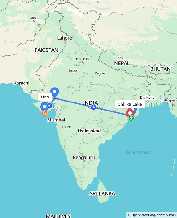 Route map showing distance and travel time from Una, India to Chilika Lake, India