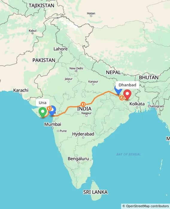 Route map showing distance and travel time from Una, India to Dhanbad, India