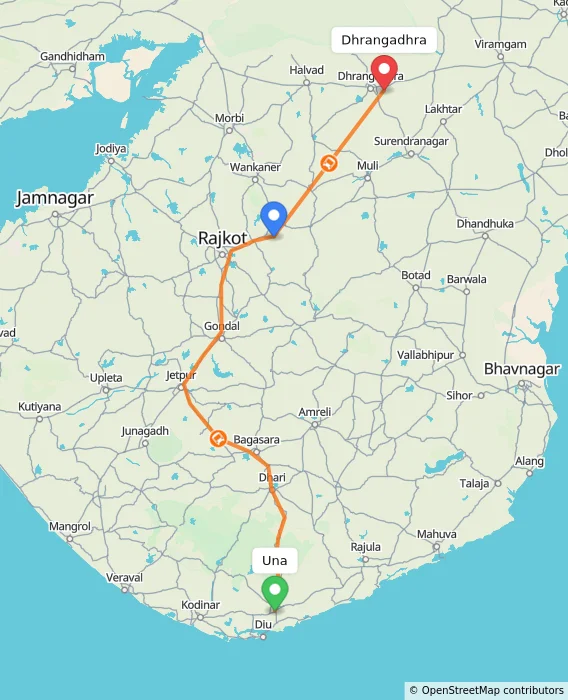 Route map showing distance and travel time from Una, India to Dhrangadhra, India