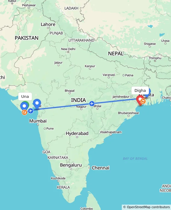Route map showing distance and travel time from Una, India to Digha, India