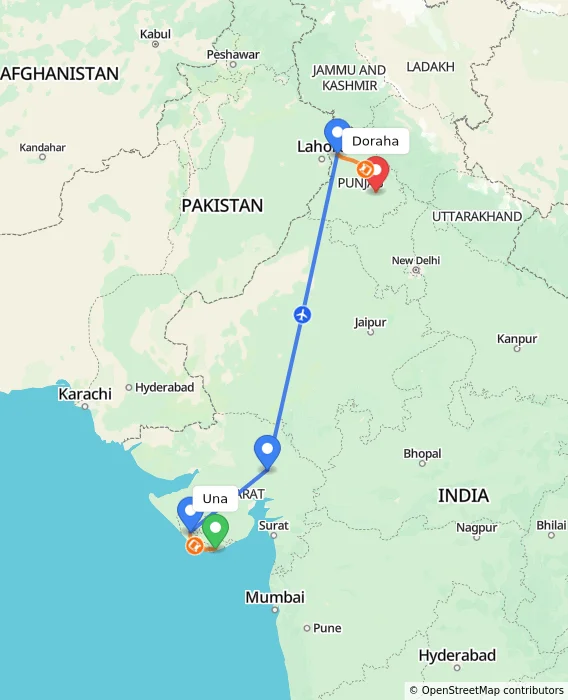 Route map showing distance and travel time from Una, India to Doraha, India