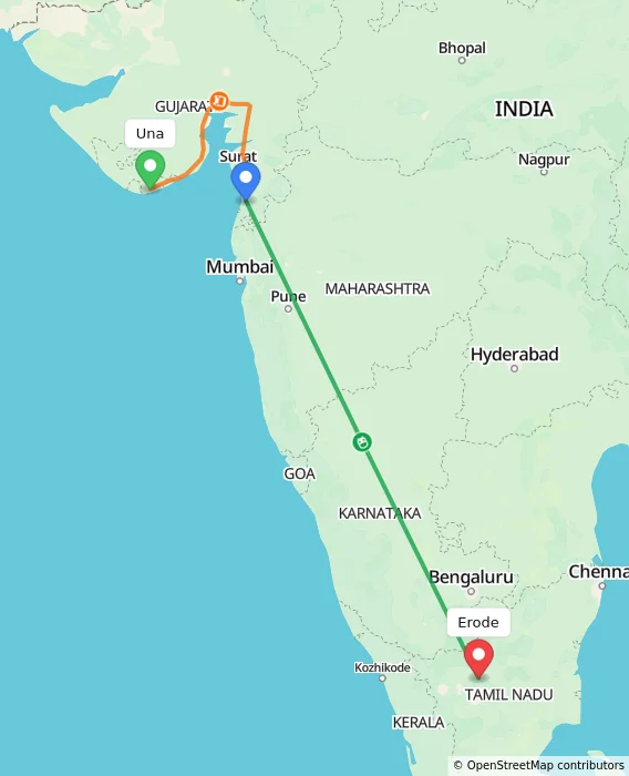 Route map showing distance and travel time from Una, India to Erode, India