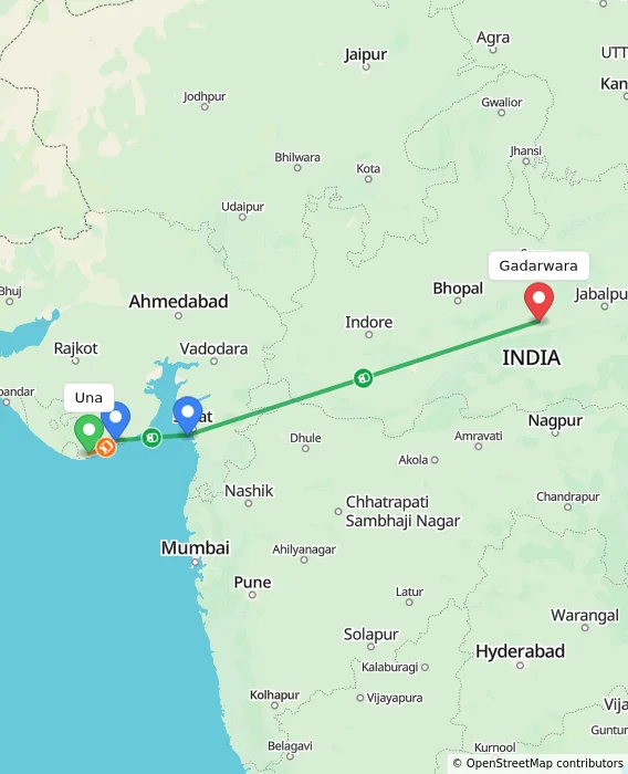 Route map showing distance and travel time from Una, India to Gadarwara, India