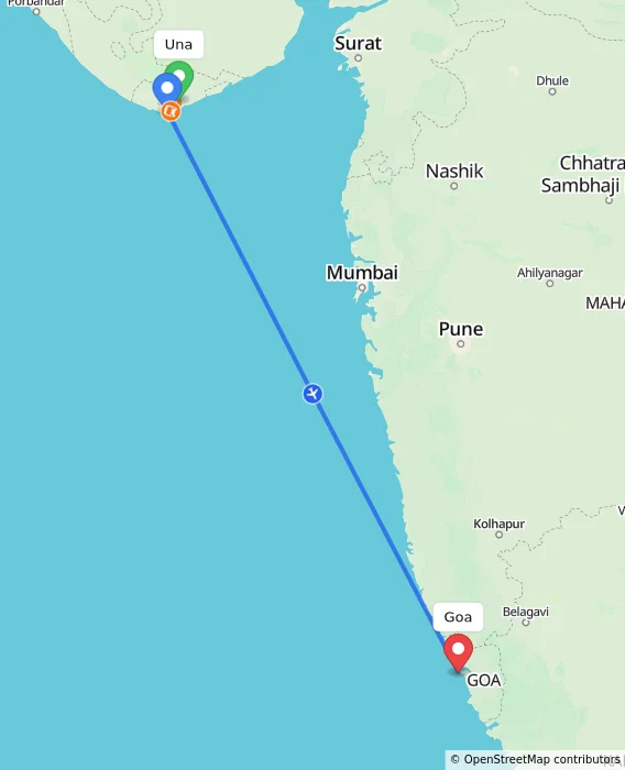 Route map showing distance and travel time from Una, India to Goa, India