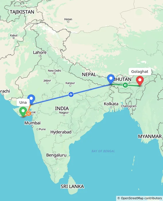 Route map showing distance and travel time from Una, India to Golaghat, India