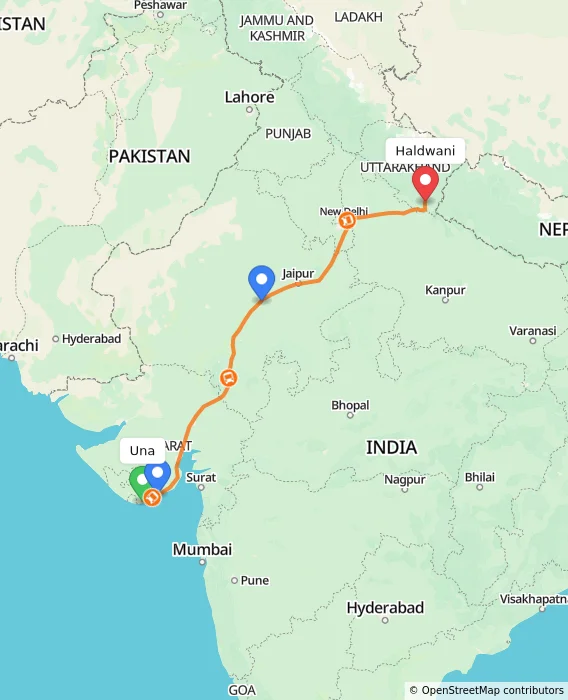 Route map showing distance and travel time from Una, India to Haldwani, India