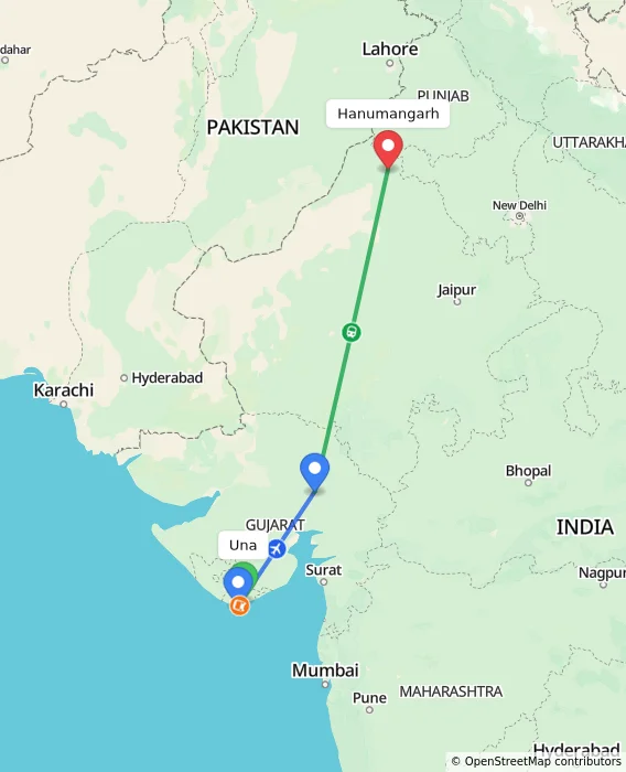 Route map showing distance and travel time from Una, India to Hanumangarh, India