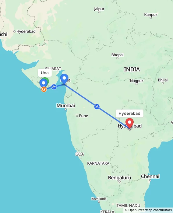 Route map showing distance and travel time from Una, India to Hyderabad, India