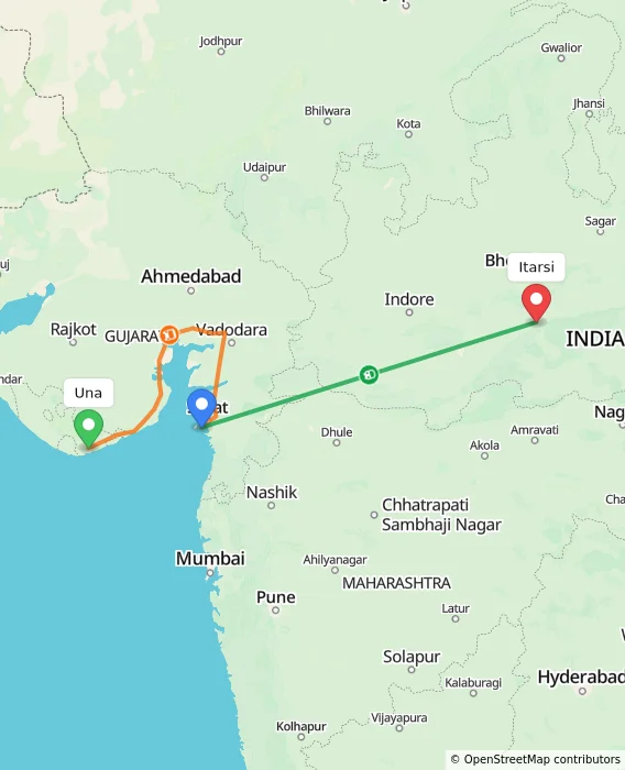 Route map showing distance and travel time from Una, India to Itarsi, India