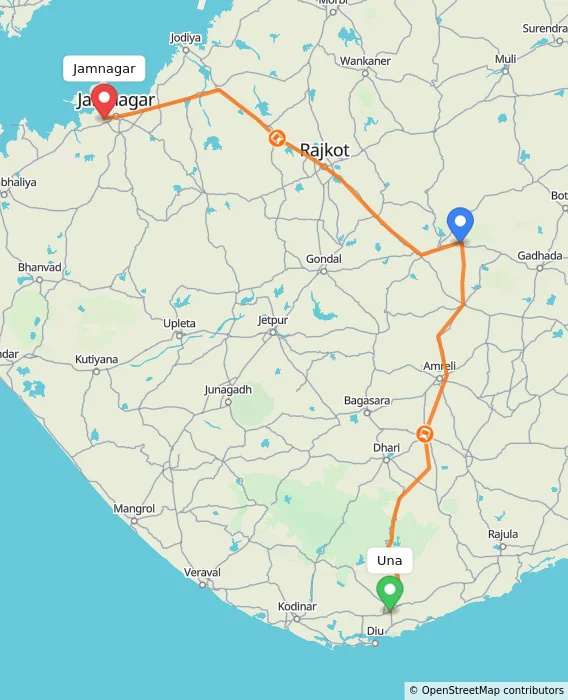Route map showing distance and travel time from Una, India to Jamnagar, India