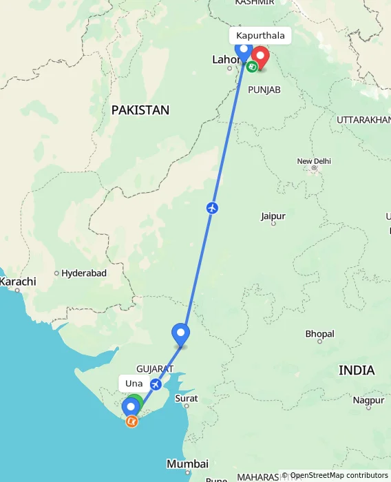 Route map showing distance and travel time from Una, India to Kapurthala, India
