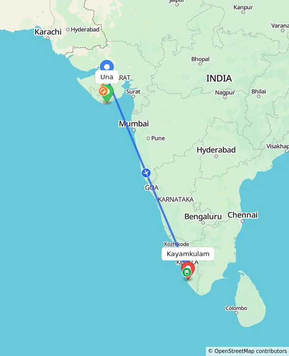 Route map showing distance and travel time from Una, India to Kayamkulam, India