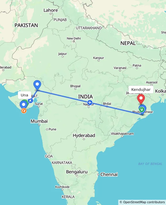 Route map showing distance and travel time from Una, India to Kendujhar, India