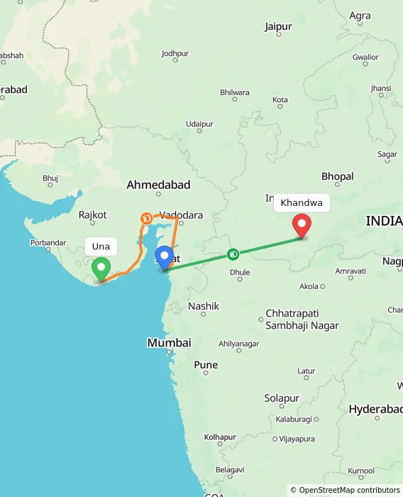 Route map showing distance and travel time from Una, India to Khandwa, India