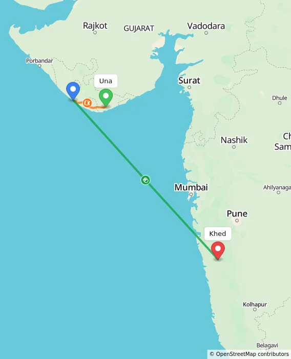 Route map showing distance and travel time from Una, India to Khed, India