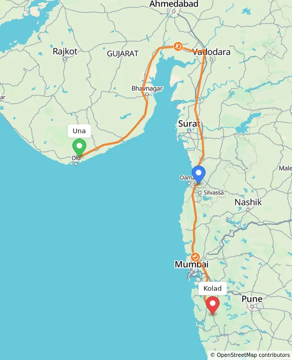 Route map showing distance and travel time from Una, India to Kolad, India