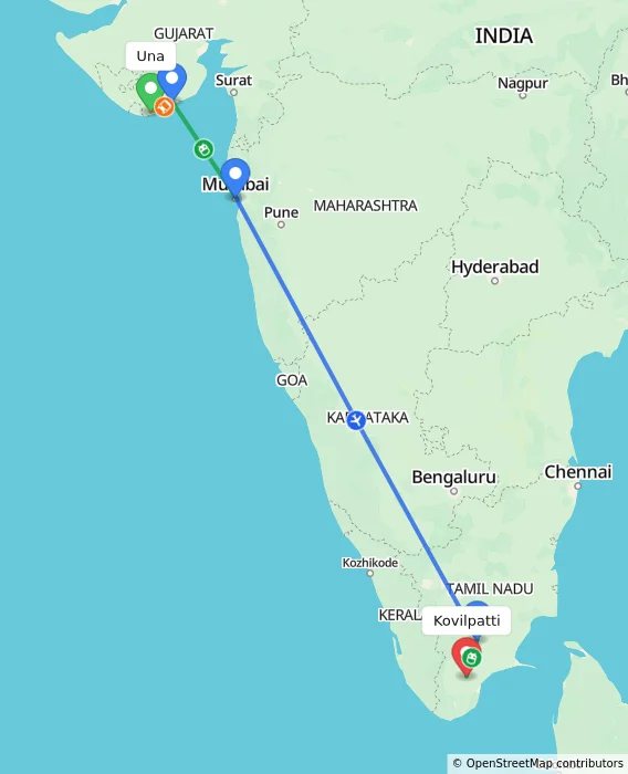 Route map showing distance and travel time from Una, India to Kovilpatti, India