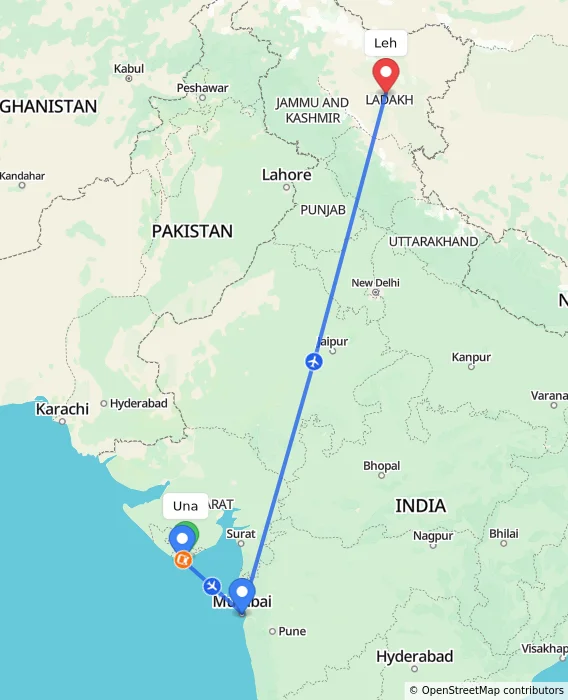 Route map showing distance and travel time from Una, India to Leh, India