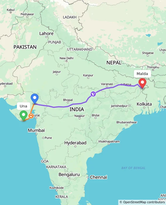 Route map showing distance and travel time from Una, India to Malda, India