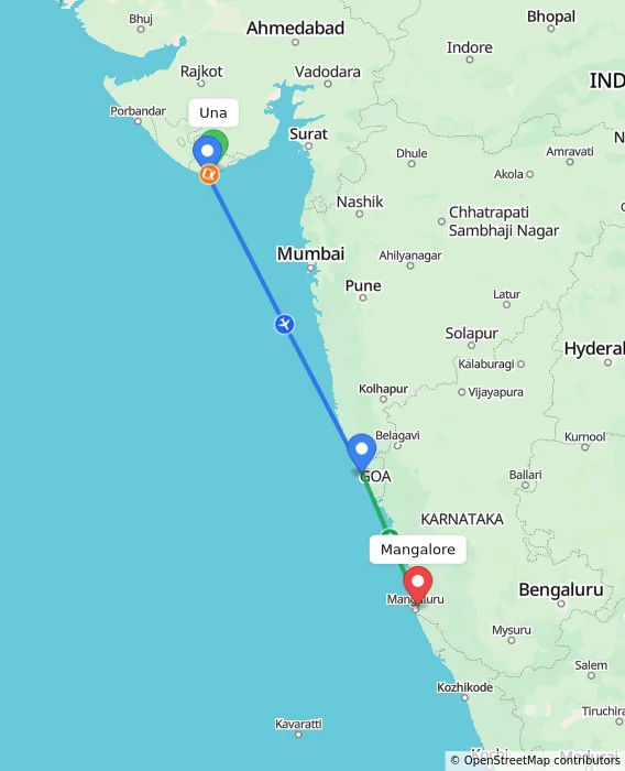 Route map showing distance and travel time from Una, India to Mangalore, India