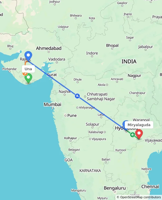 Route map showing distance and travel time from Una, India to Miryalaguda, India