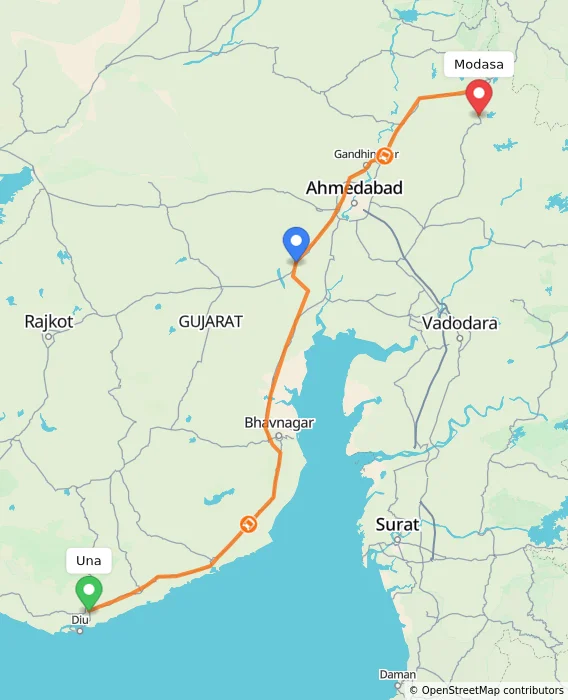 Route map showing distance and travel time from Una, India to Modasa, India