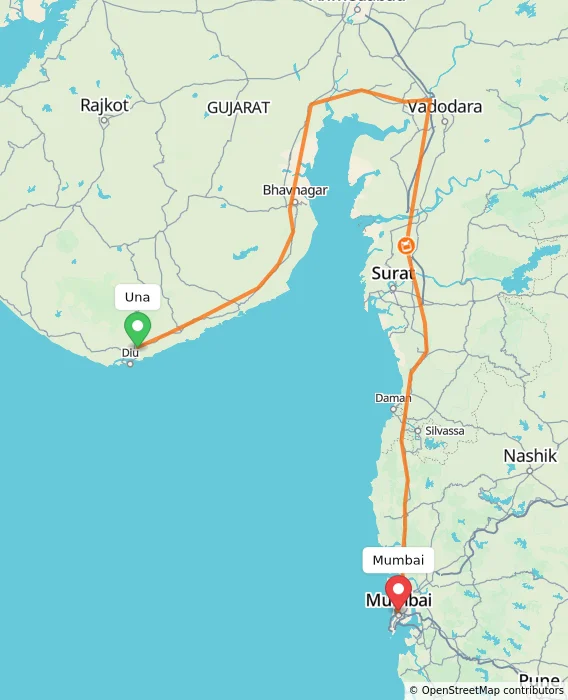 Route map showing distance and travel time from Una, India to Mumbai, India